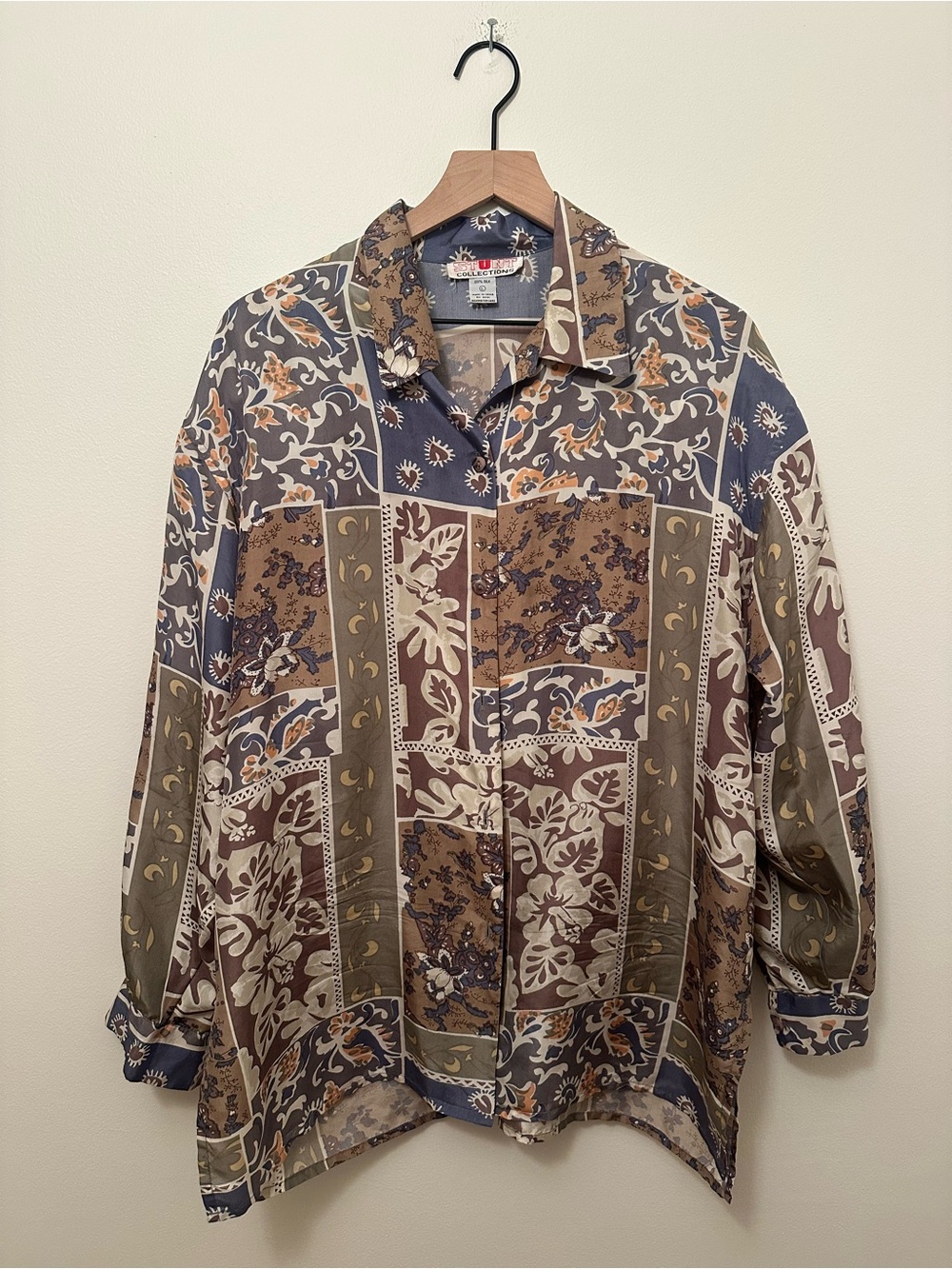 Stunt Collections 100% Silk Shoulder Pad Patterned Long Sleeve Shirt